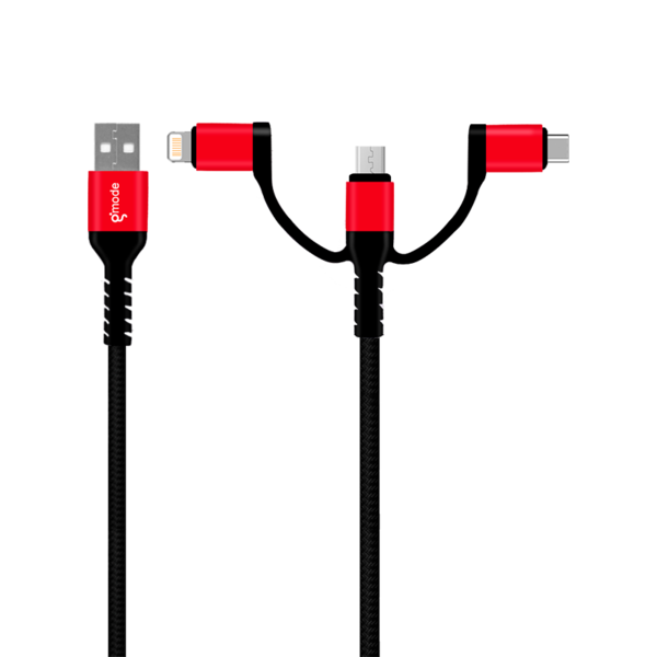 Cable 3-en-1 Braided USB-C, Micro USB y Lightning a USB-A Braided gMode de 1.2 Mt rojo