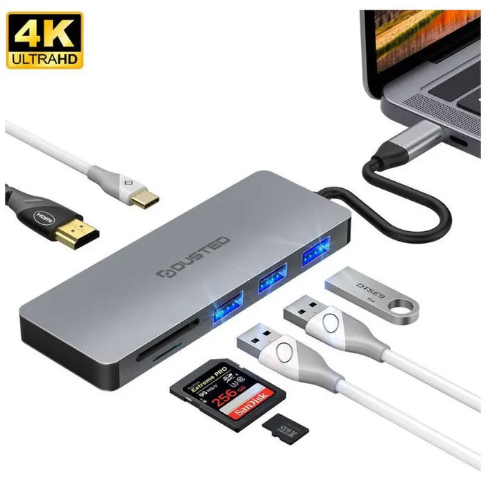 Hub USB-C de 7 puertos USBx3, micro SD-SD, HDMI, PD Dusted gris